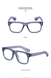 Detailed front and side view of square gray translucent frames with non-slip temple texture