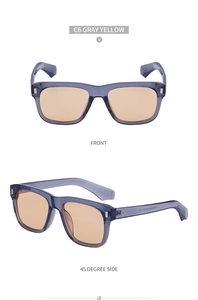 Detail view of square gray transparent sunglasses with yellow lenses from front and side angles
