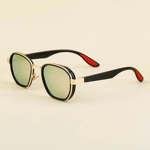 Retro polarized oval sunglasses with black frame, gold metal accents and mirror lenses
