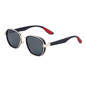 Retro polarized sunglasses with black oval frame and gold metal accents for men and women