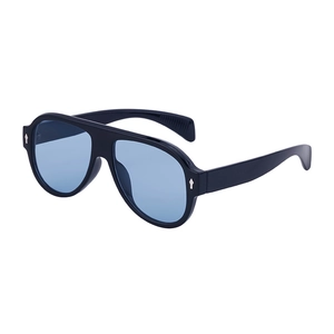 Retro oversized aviator sunglasses with navy lenses and silver arrow rivets on black frame