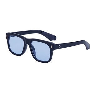 Square frame sunglasses with blue translucent lenses and silver rivet detailing