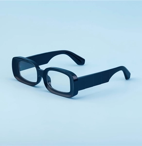 Detail view of glossy black square sunglasses frame with unique wide stepped temple design