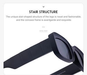 Macro detail of matte black sunglasses featuring unique stair-structure temple and concave frame