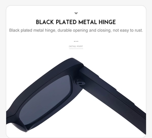 Detail of durable black plated metal hinges on stylish rectangular sunglasses