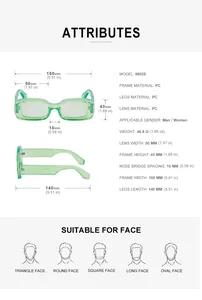 Detailed size chart for square frame sunglasses showing 150mm width and PC material specs