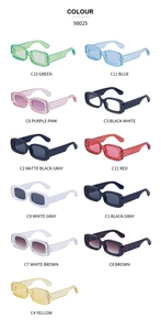 Matrix display of retro rectangular sunglasses in 11 fashion colors and sturdy resin frames