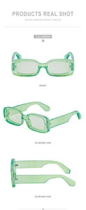 Three-angle view of retro rectangular green sunglasses with wide translucent frames