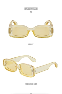 Front and side view of small square yellow transparent frame sunglasses for fashion