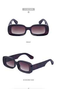 Detail of dark brown rectangle sunglasses with thick frames and gradient lenses