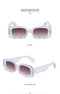 Front and side view of small square sunglasses with transparent frames and brown gradient lenses