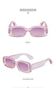 Detail view of pink rectangle sunglasses with purple gradient lenses and frame finish