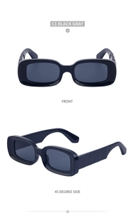 Front and side view of vintage rectangle black frame sunglasses with dark gray lenses
