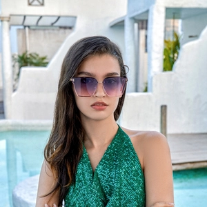 Women's oversized square sunglasses with gradient purple lenses and metal frames