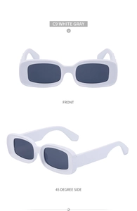 Front and 45-degree side view of trendy white square frame sunglasses with dark gray lenses