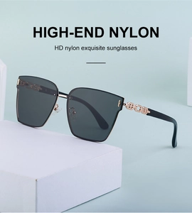 Detail of high-end nylon sunglasses featuring golden chain temples and HD square lenses