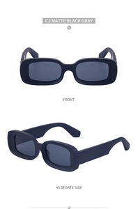 Detail of matte black rectangle sunglasses showing front and 45-degree side views