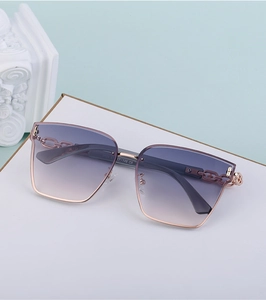 Detail of rose gold chain temple and purple gradient lens on large frame sunglasses