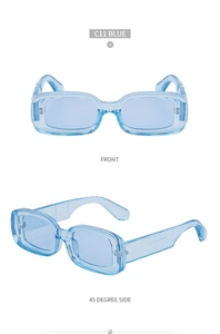 Front and 45-degree side view of translucent blue rectangular frame sunglasses