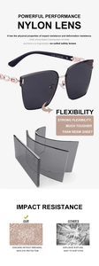 Detail of impact resistant nylon lenses and chain temples on large frame sunglasses