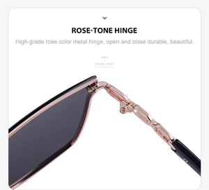 Close-up of durable rose-tone metal hinges on stylish black frame oversized sunglasses
