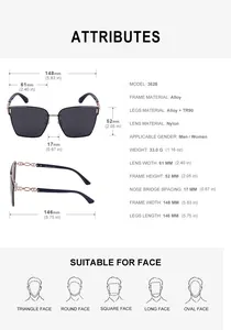 Detailed size chart for oversized nylon sunglasses featuring frame and lens dimensions
