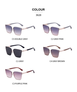 Detail of five oversized square sunglasses featuring elegant metal chain temple design