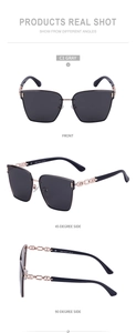 Three-angle view of oversized square gray sunglasses with rose gold chain temples