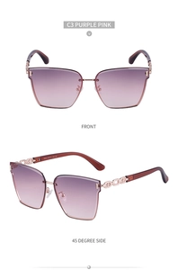 Detailed views of square oversized sunglasses with purple gradient lenses and chain arms
