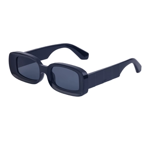 Vintage small rectangle sunglasses with glossy black frame and dark grey lenses for unisex
