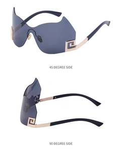 Detaillierte 45- und 90-Grad-Seitenansichten der randlosen Shield-Sonnenbrille