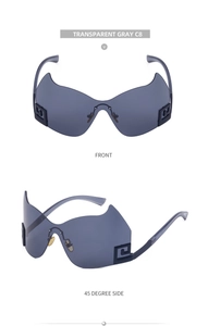 Detail der transparent grauen randlosen Sonnenbrille mit griechischem Logo-Scharnier