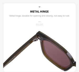 Dettaglio della cerniera metallica su occhiali da sole verde oliva con lenti viola