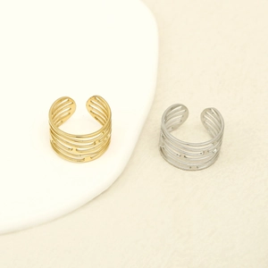 Irregular Geometric Open Rings Stainless Steel Gold Plated Minimalist Hollow Out X Cross Hammered Texture Adjustable For Women