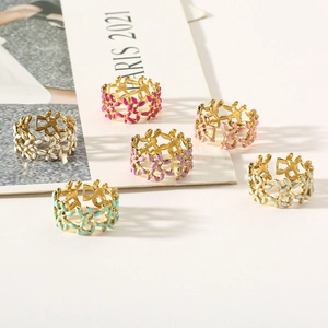 Stainless Steel Colorful Enamel Leaf Ring French Retro Hollow Out Adjustable Open Finger Jewelry For Women