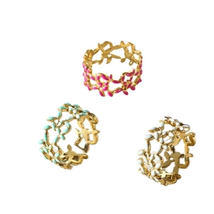 Three-piece set of colorful enamel leaf rings in gold-plated stainless steel for women