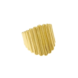 Exaggerated golden stainless steel ring with vertical striped texture and adjustable band