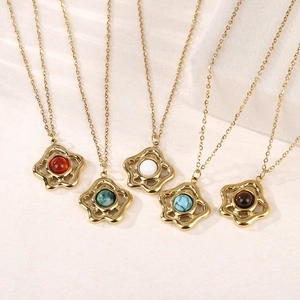 Elegant 18K gold plated necklaces featuring five-petal flower pendants with natural stones