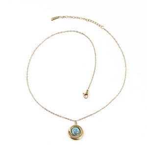 Collier vintage en acier inoxydable dore avec pendentif spirale et pierre naturelle verte