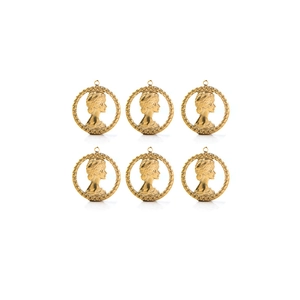 Set of 6 vintage gold coin pendants with 18K gold plating and embossed portrait details
