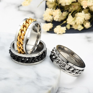 Set di tre anelli rotanti con catena in acciaio inossidabile lucido argento, oro e nero