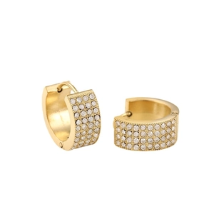 Gold plated stainless steel huggie earrings with four rows of sparkling white crystals