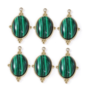 Lot de 6 pendentifs ovales dorés avec texture malachite et bordure perlée rétro