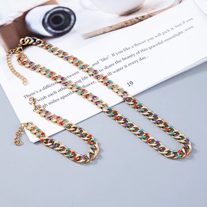 Golden Cuban chain necklace and bracelet set with colorful rainbow enamel dripping oil