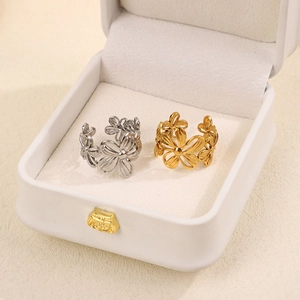 Hollow flower cutout stainless steel open rings in gold and silver finish for women