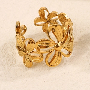 Hollow flower cutout adjustable gold stainless steel ring with dainty floral patterns