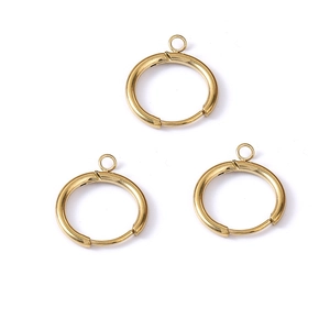 Detailed view of three gold-plated stainless steel circular earring charms with small loops