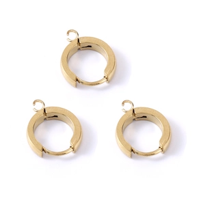 Three pieces of polished golden stainless steel round earring components with DIY hanging loops