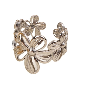 Silver hollow flower open ring in stainless steel with a brushed texture and adjustable band