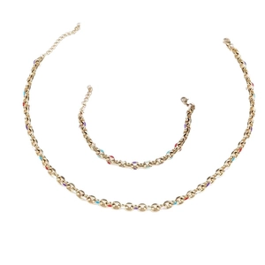 Colorful enamel link necklace and bracelet jewelry set in gold-finished stainless steel